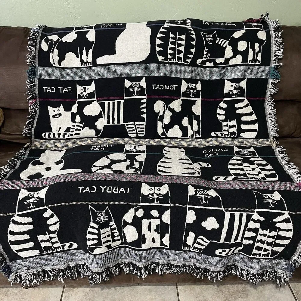 Crown Crafts Pat Meyers Cat Woven Throw Blanket Cotton Fringe Tapestry 60x50 USA